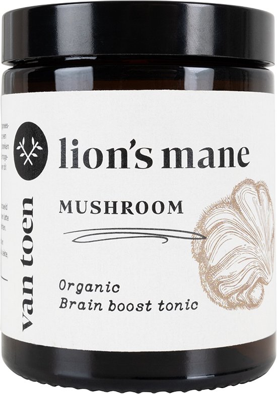 Glazen pot met een bruine deksel. Wit etiket met de tekst 'van toen', 'lion's mane', 'MUSHROOM', 'Organic', 'Brain boost tonic' en een tekening van een paddenstoel.
