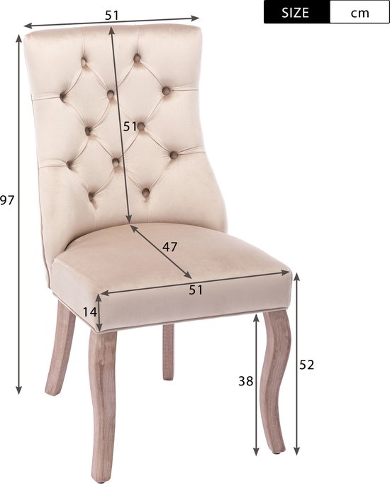 Afmetingen van een beige fluwelen eetkamerstoel: hoogte 97cm, breedte 51cm, zitdiepte 47cm.