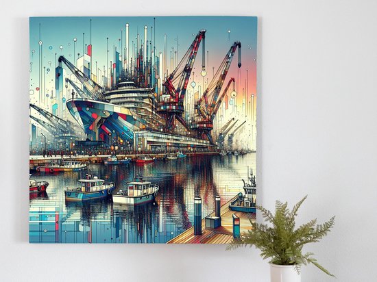 Modern haven schilderij | Hedendaags maritiem meesterwerk met een moderne haven als inspiratie | Kunst - 30x30 centimeter op Canvas | Foto op Canvas