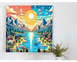 Pixel art landschap schilderij | Digitale fantasieën: een kleurrijk landschap van pixelkunst en dromen | Kunst - 60x60 centimeter op Dibond | Foto op Dibond