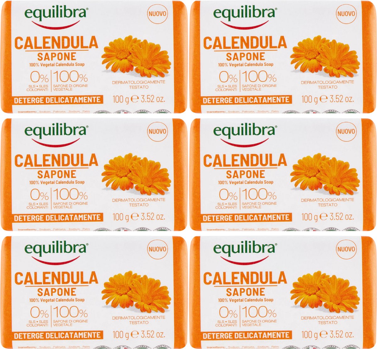 Equilibra Calendula Antibacteriële Handzeep - 6 x 100g - Plantaardige Zeep Bar - Zeep Zonder SLES - Parabenen vrij - Geen Kleurstoffen