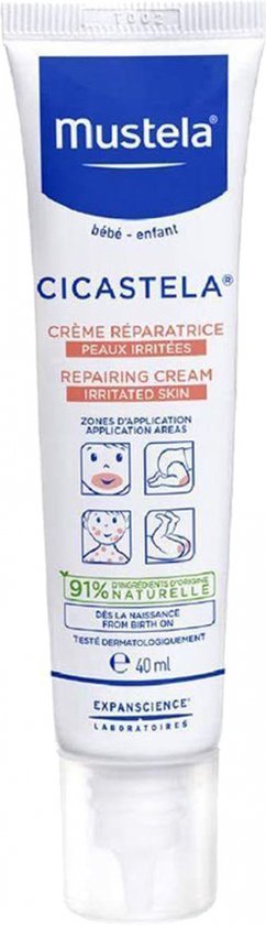 Tube Mustela Cicastela crème voor baby's en kinderen, met 91% natuurlijke ingrediënten.