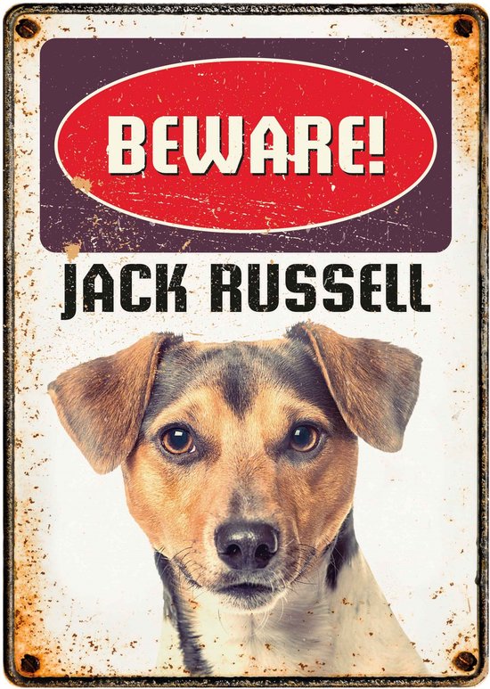 Foto: Plenty gifts retro stijl blikken bord beware jack russell illustration 21x14 8 cm wanddecoratie voor binnen en buiten