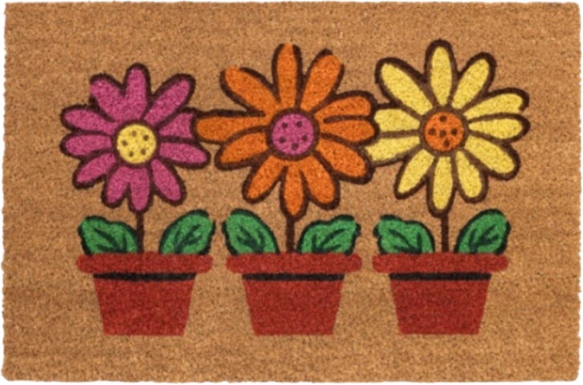 Home & Deco Eco kokos deurmat bloemen in pot 60 x 40 cm