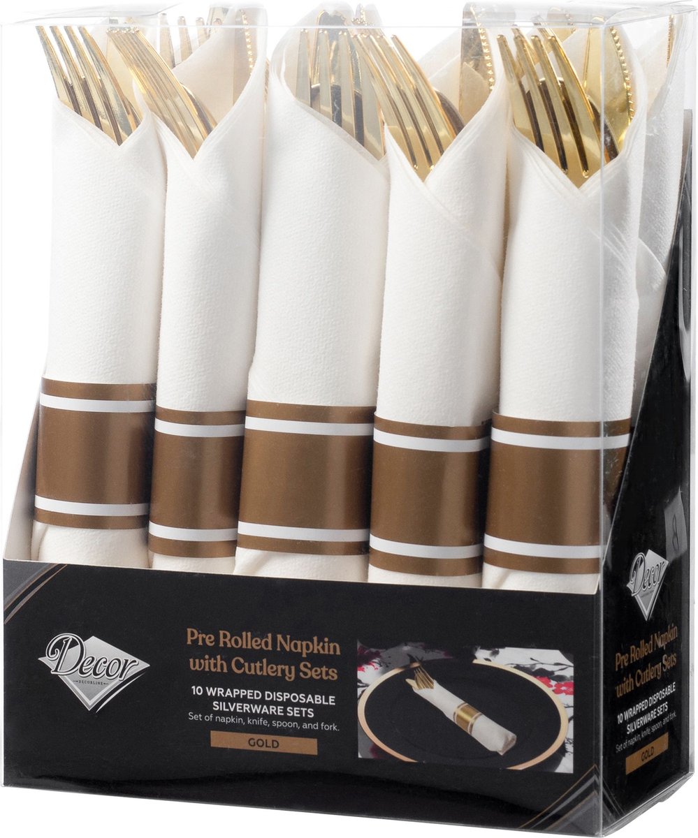 Decorline-40-delig Herbruikbare gouden plastic bestekset met voorgerolde servetten voor 10 personen- Party Bestekset voor Kerst,Bruiloften, Feesten.