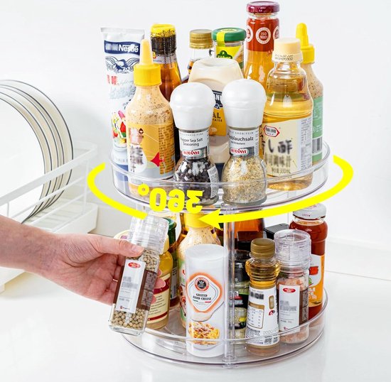 Lazy Susan Draaiplateau, 360 graden draaibaar kruidenrek, keukenhouder, draaiplateau, koelkast van kunststof, rond, doorzichtig, draaiorganizer voor keukenkast, voorraaddozen en specerijen (27 cm