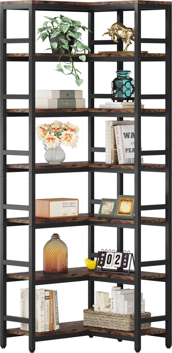 TRIBESIGNS - Boekenkast - Hoek boekenkast met 7 Planken - Industrieel - Spaanplaat - Bruin/Zwart - 60 x 60 x 200 cm