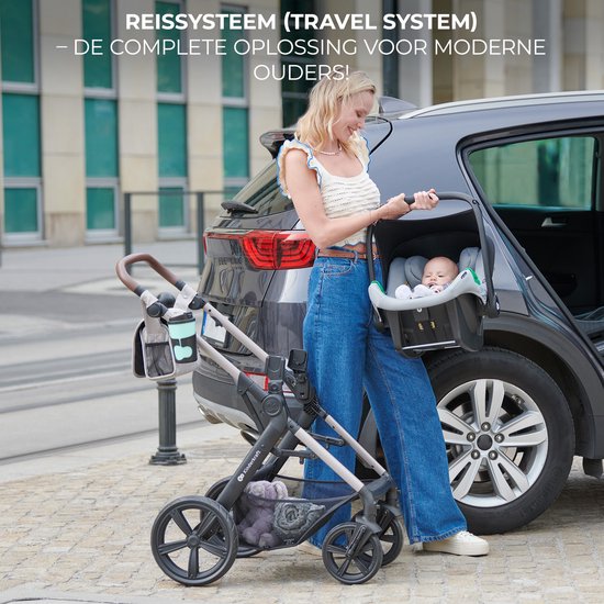 Kinderkraft MOOV 2 AIR - 3-in-1 Kinderwagen - Wandelwagen en kinderwagen - Grote opblaasbare wielen - TRAVEL SYSTEM met MINK PRO i-Size autostoeltje - Kap met UPF50+ filter - Accessoires: bekerhouder, muskietennet, regenhoes, tas voor ouders - Zwart van Kinderkraft — afbeelding 5