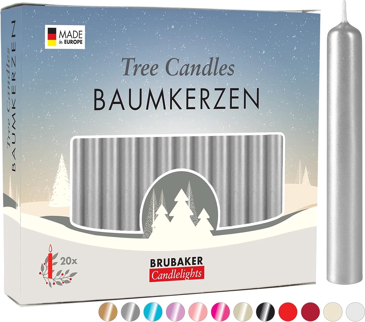 BRUBAKER 200 Stuks - Boomkaarsen - Zilver- Kerstkaarsen - Piramidekaarsen - Kerstboomkaarsen - 95/12.5 mm – Kaarsen - Kaarsjes