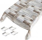 Buiten tafelkleed/tafelzeil houten planken print 140 x 170 cm met 4 tafelkleedklemmen - Tuintafelkleed tafeldecoratie