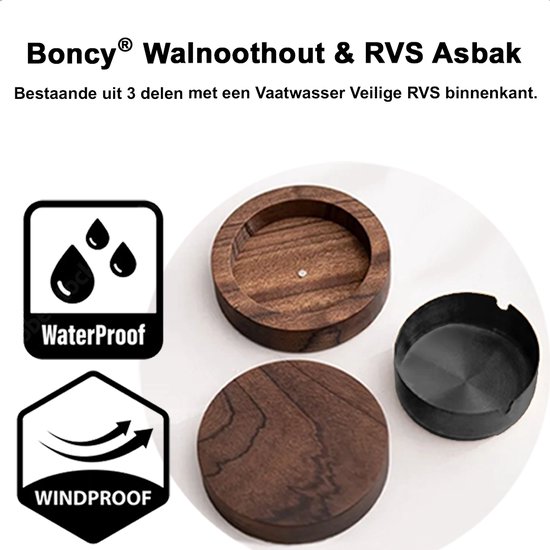 Walnoothouten asbak met deksel, RVS binnenbak. Waterdicht en winddicht.