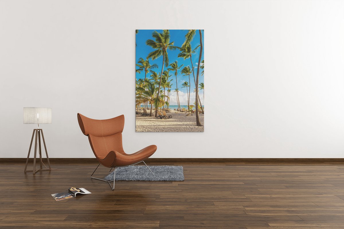Trendex Global Canvas Schilderij - Landschap - Palmbomen en Strand - 90x60x2 cm Blauw