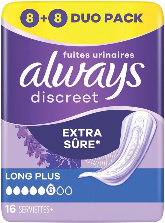 Verpakking Always Discreet Long Plus Extra verbanden, 16 stuks.