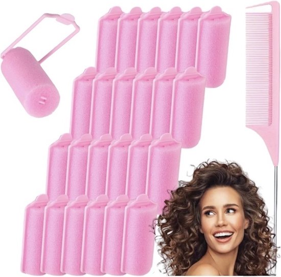 Foto: Ultiluxe haarrollers set 24 stuks roze 1 5 cm dik met punt kam schuimspons krulspelden voor krullen foamrollers krullen zonder hitte heatless curls haarstyling zachte spons krullers met bevestigingsklem krulset haarkrullers