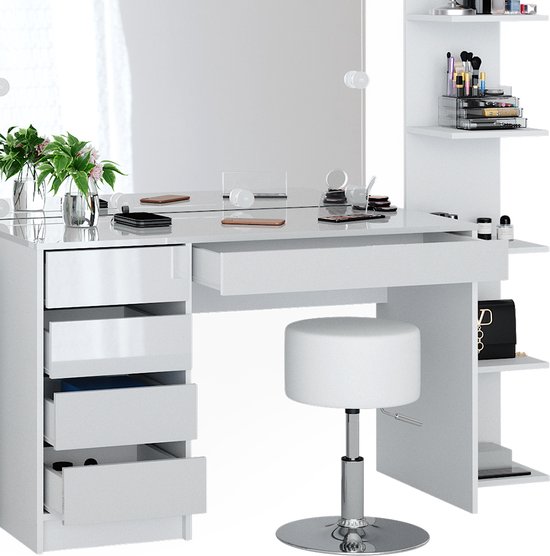Vue détaillée d'une coiffeuse blanche avec miroir, tiroirs et tabouret.
