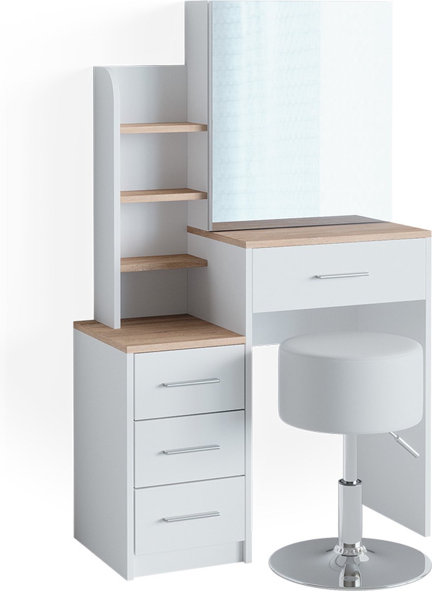 Vicco Kaptafel Conrada, Wit/Sonoma, 80 cm met spiegel en kruk
