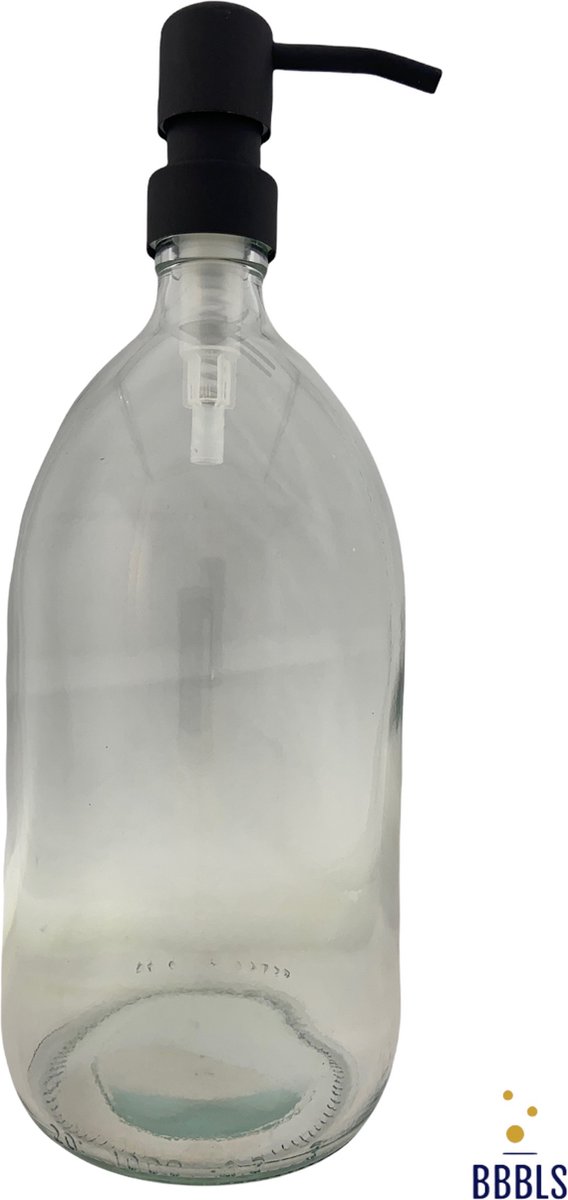 BBBLS® Design Dispenser "Blanco" | Transparant Glas | 1 liter | RVS / Metaal Pomp Zwart | Zeeppomp | Zeepdispenser | Zeephouder