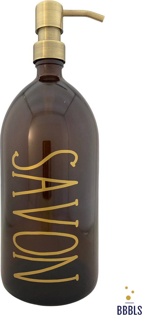 BBBLS® Design Dispenser "Savon" | Bruin Glas | 1 liter | RVS / Metaal Pomp Goud | Zeeppomp | Zeepdispenser | Zeephouder