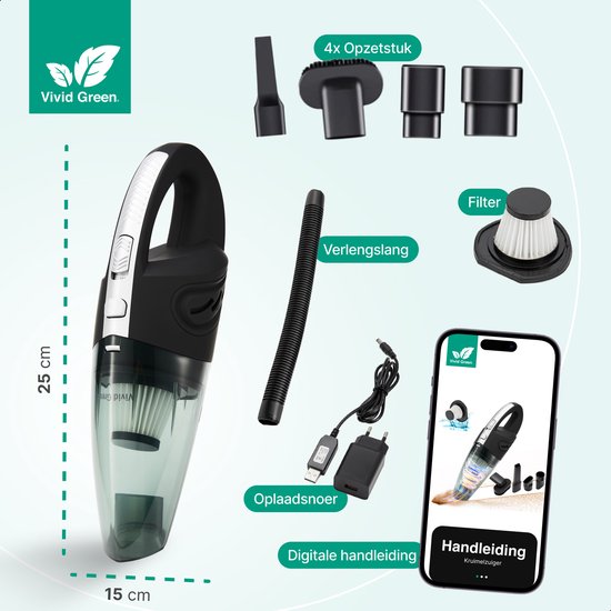 Kruimelzuiger Snoerloos - Handstofzuiger met 5 opzetstukken - Kruimelzuiger - Grijs - Vivid Green