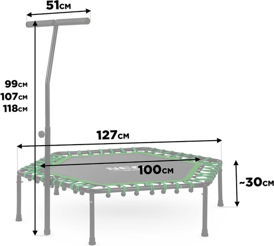 Afmetingen van zeshoekige fitness trampoline: 127cm breed, 100cm springvlak, 30cm hoog, T-bar 99-118cm.