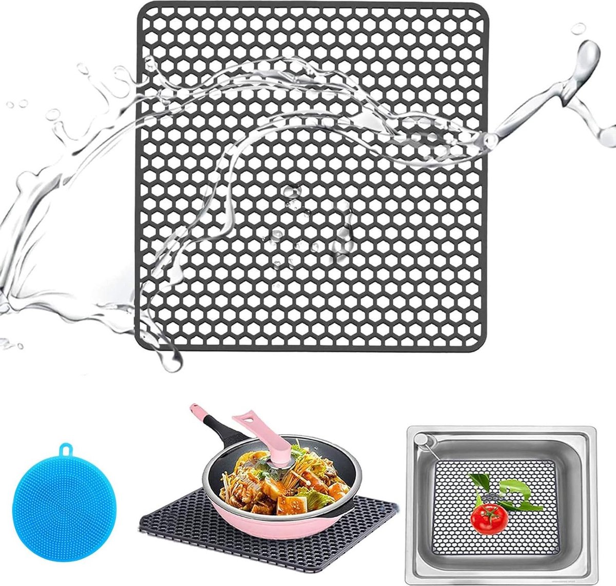 Goedkoopste Siliconen spoelbakmat 265 x 265 cm - Hoekig spoelbakinleg - Hitte- en antislip - Donkergrijs