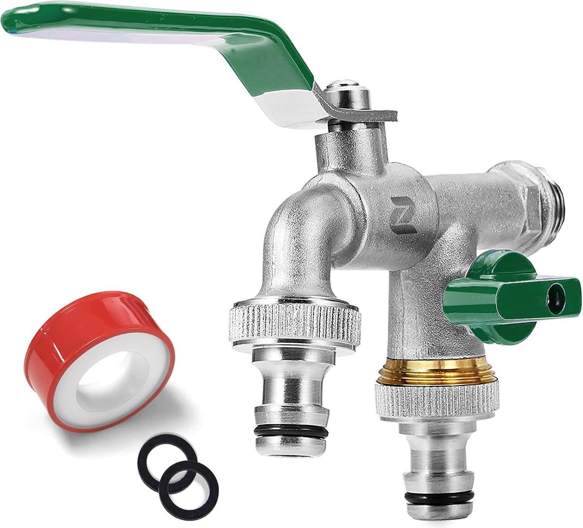 Premium Dubbele Messing Tuinkraan 1/2 inch - Roest- en hittebestendig - Met 2 Slangaansluitingen - Inclusief Trommelafdichtingstape - Dubbel Gewricht en Slangtule - Voor Tuin (groente)