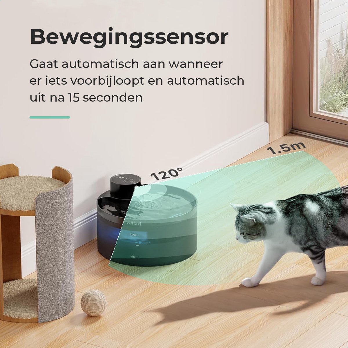 Cellavi R2A - Draadloze Drinkfontein Kat met Sensor - Waterfontein Katten & Honden - Kattenfontein Draadloos - 5200mAh Batterij - Fluisterstil - 3.2L thumbnail 3