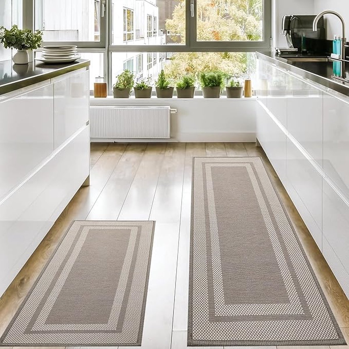 2 Stück Küchenteppichen und -matten, rutschfest, waschbar und saugfähig, gewebte Küchengleitmatten, leicht zu reinigendes Küchenmatten-Set für Spüle, Waschküche, Flur, 44 x 75 cm + 44 x 120 cm