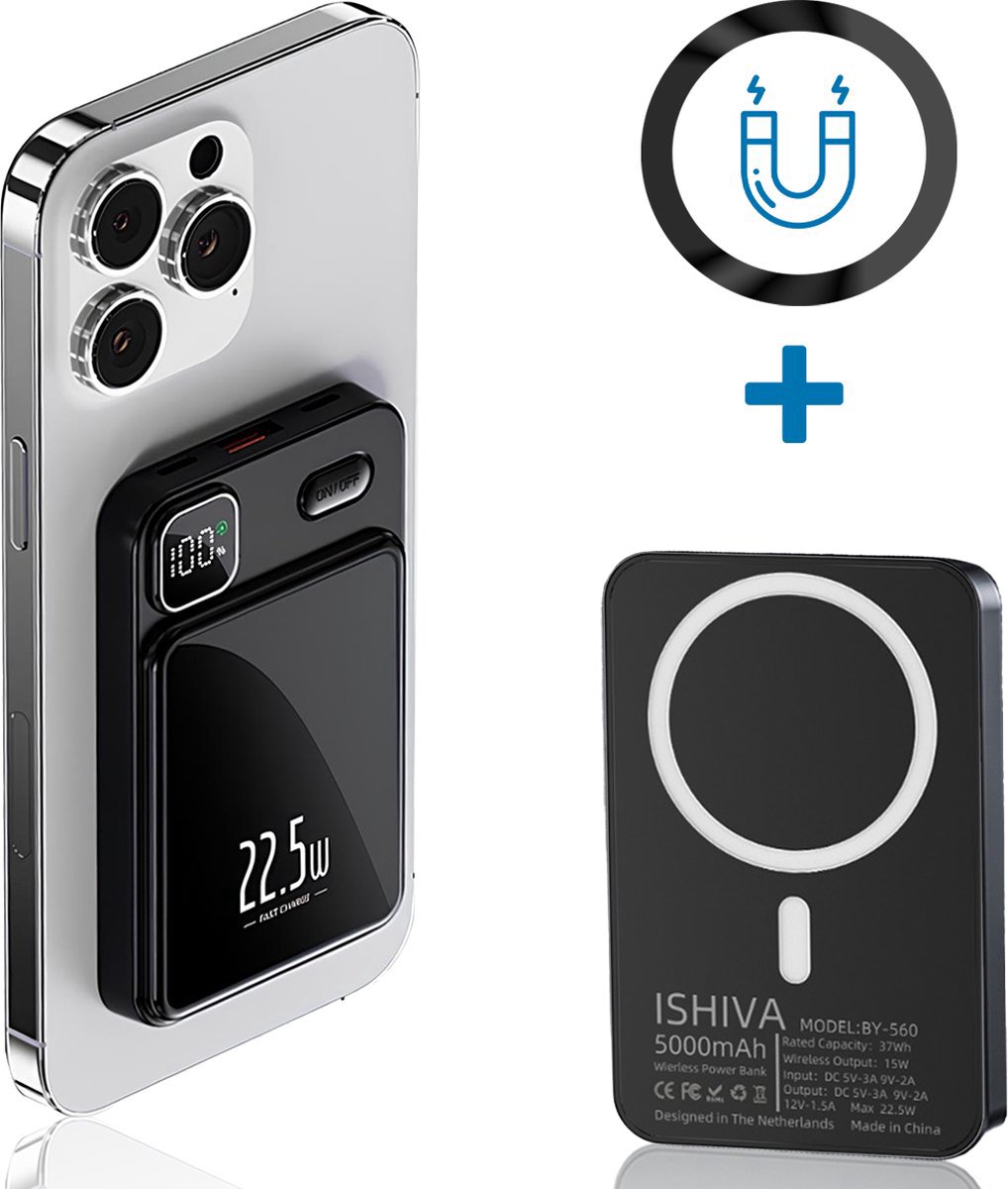 ISHIVA® MagSafe Powerbank 5000 mAh - 22.5W Snellader & LED-display - USB USB-C - Powerbank iPhone - Powerbank Samsung - voor iPhone 12/13/14/15