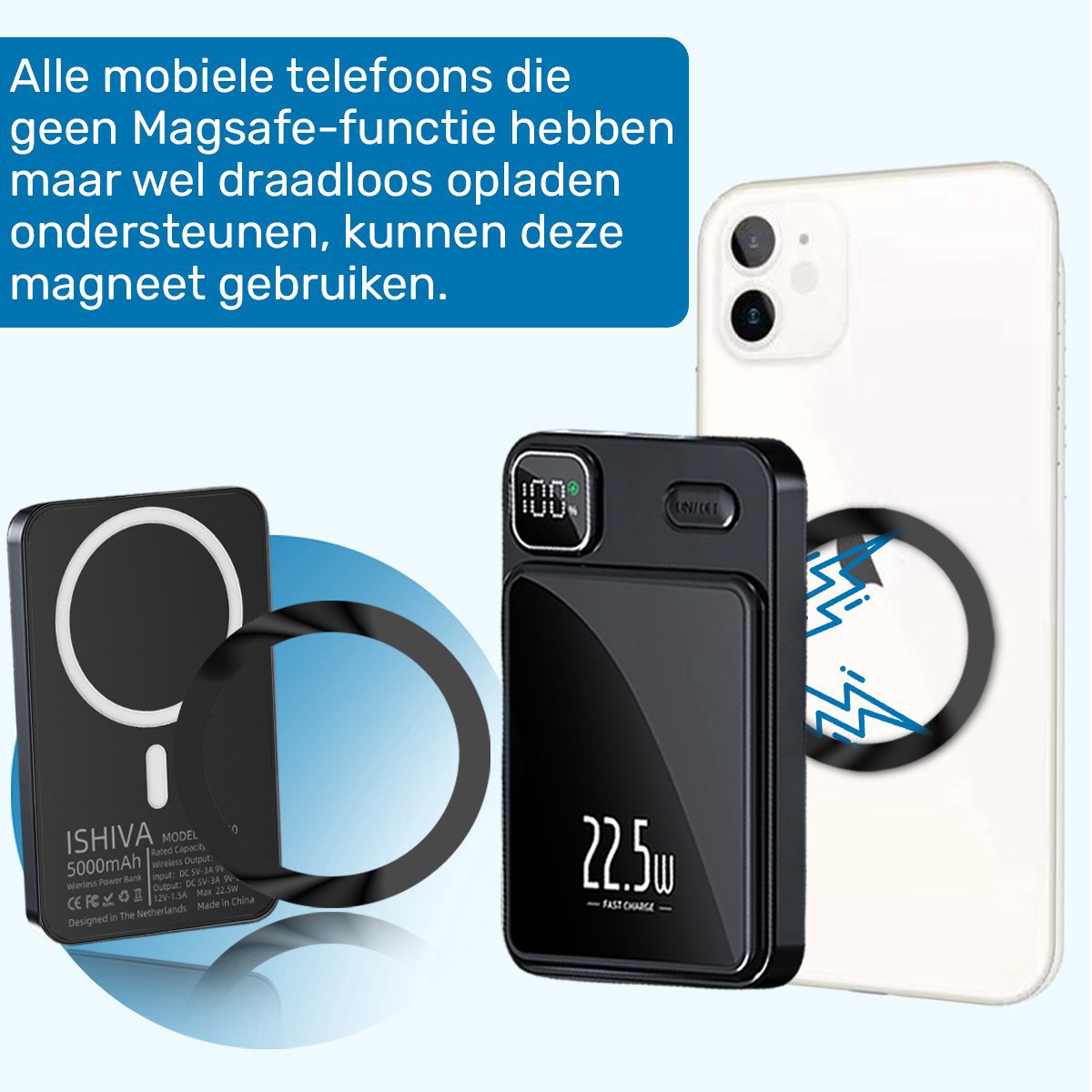 ISHIVA® MagSafe Powerbank 5000 mAh Snellader 22.5W Zwart - afbeelding 3