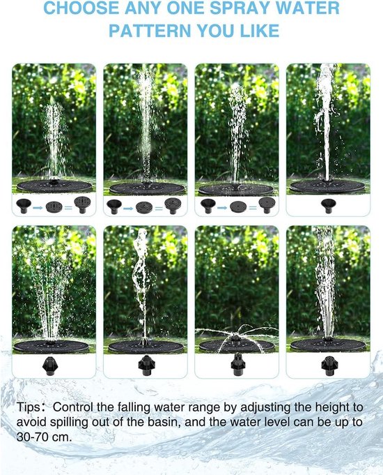 Fonteinpomp op zonne-energie - 3 W cirkel zonne-waterfontein - 8 soorten sproeiers - 7 kleurrijke ledlampen - drijvende vijverpomp - vogeldrink/aquarium