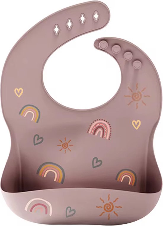 3 Stuks - Siliconen Slabbetjes met Opvangbak - Regenboogjes Taupe Beige van Ninnilou — afbeelding 2