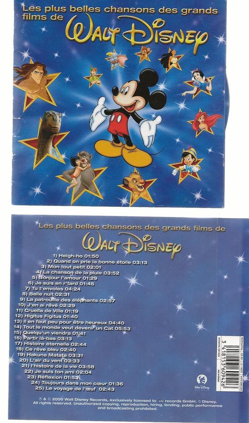 Mickey Mouse met personages uit Disney films, titels: 'Les plus belles chansons des grands films de Walt Disney'.