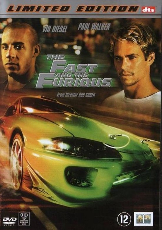 Hoes van de dvd van The Fast and the Furious met Vin Diesel, Paul Walker en een groene sportwagen.