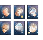 Poster Set 6 Beer Luiaard Pinguin Egel Dolfijn Uil Ruimte / Space Dieren - Kinderkamer - Dierenposter - Babykamer / Kinderposter - Babyshower Cadeau - Muurdecoratie - 50x40cm - Postercity