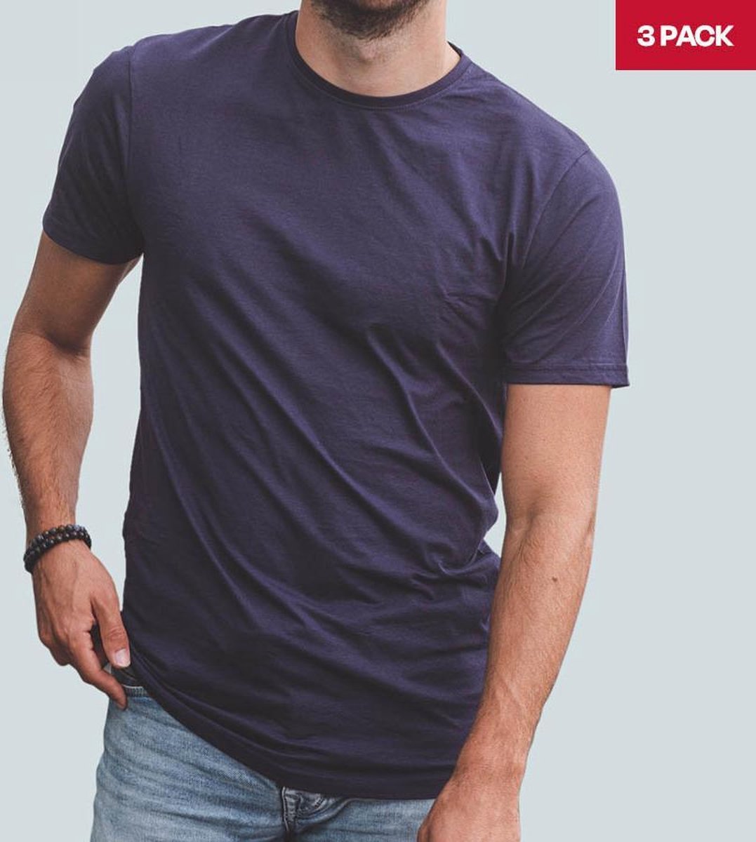 LebasQ - Steve's T-shirt voor heren - 3 pack - met Ronde hals - Extra lang - Geschikt als Ondershirt - Blauw - M - Katoen