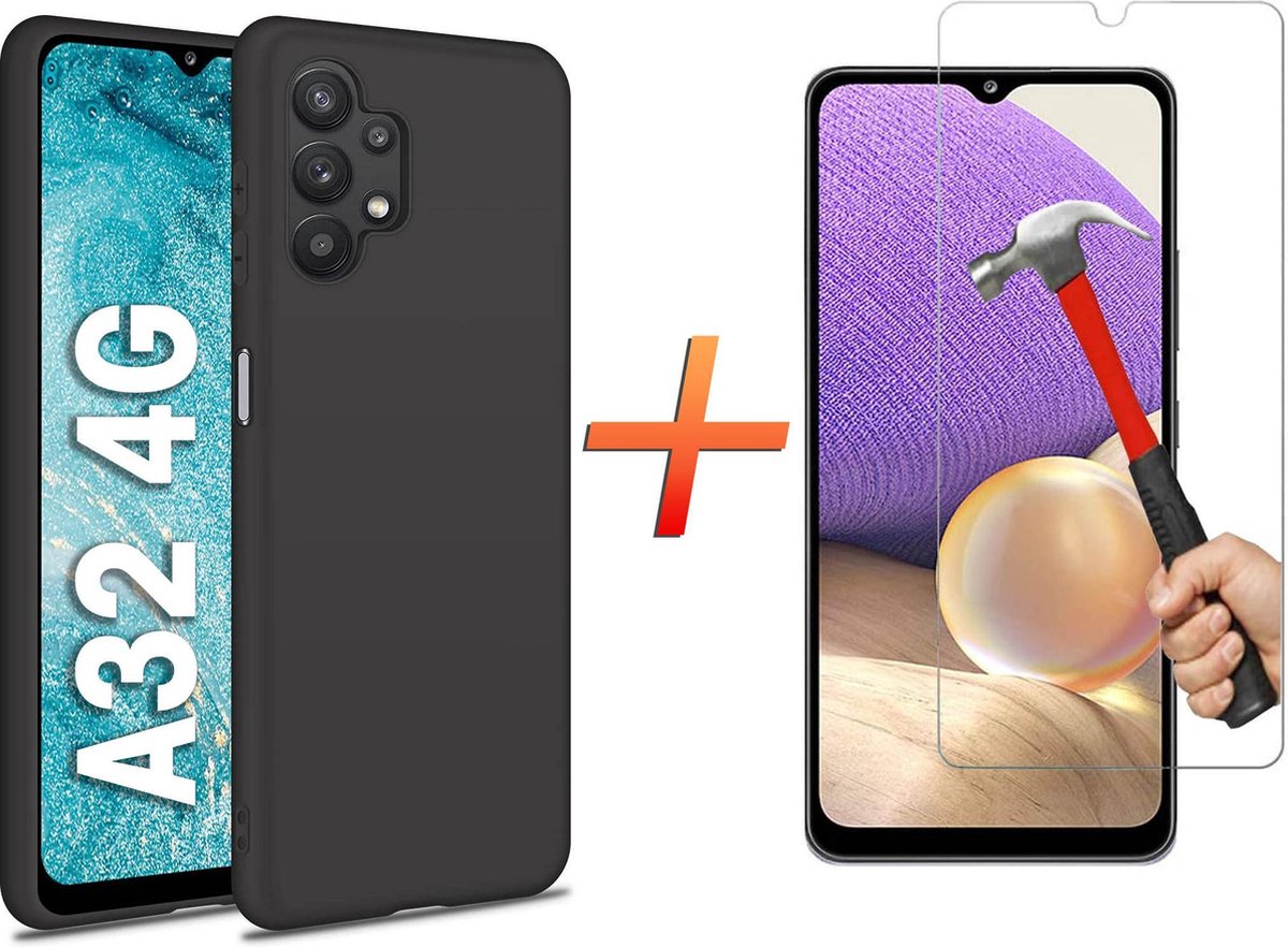 Hoesje geschikt voor Samsung Galaxy A32 (4G) Hoesje - zwart matte siliconen case - A32 (4G) back cover met 1X Screenprotector - EPICMOBILE
