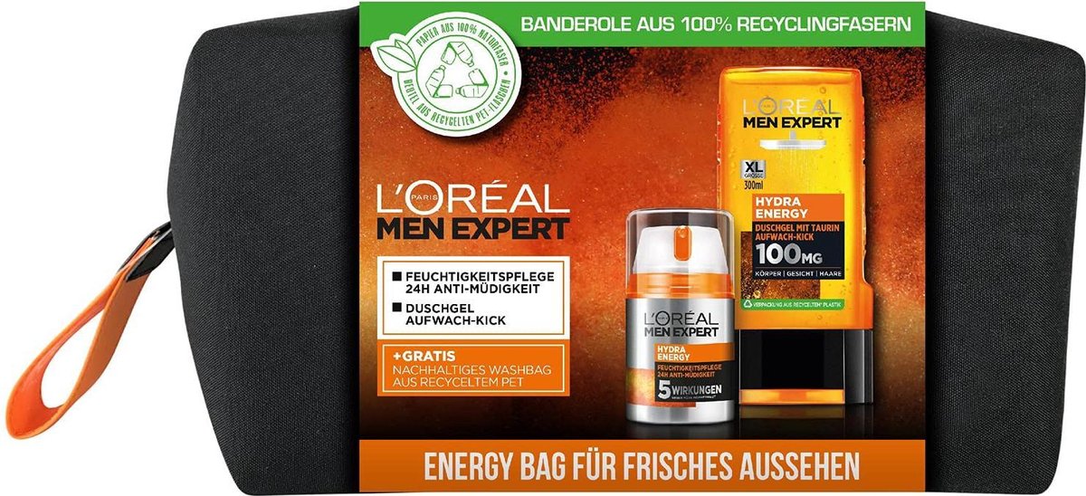 L'Oréal Men Expert geschenkset voor mannen, Met douchegel en 24 uur hydraterende crème, Met taurine, munt en vitamine C, Inclusief toilettasje, Hydra Energy verzorgingsset, 1 x 350 ml