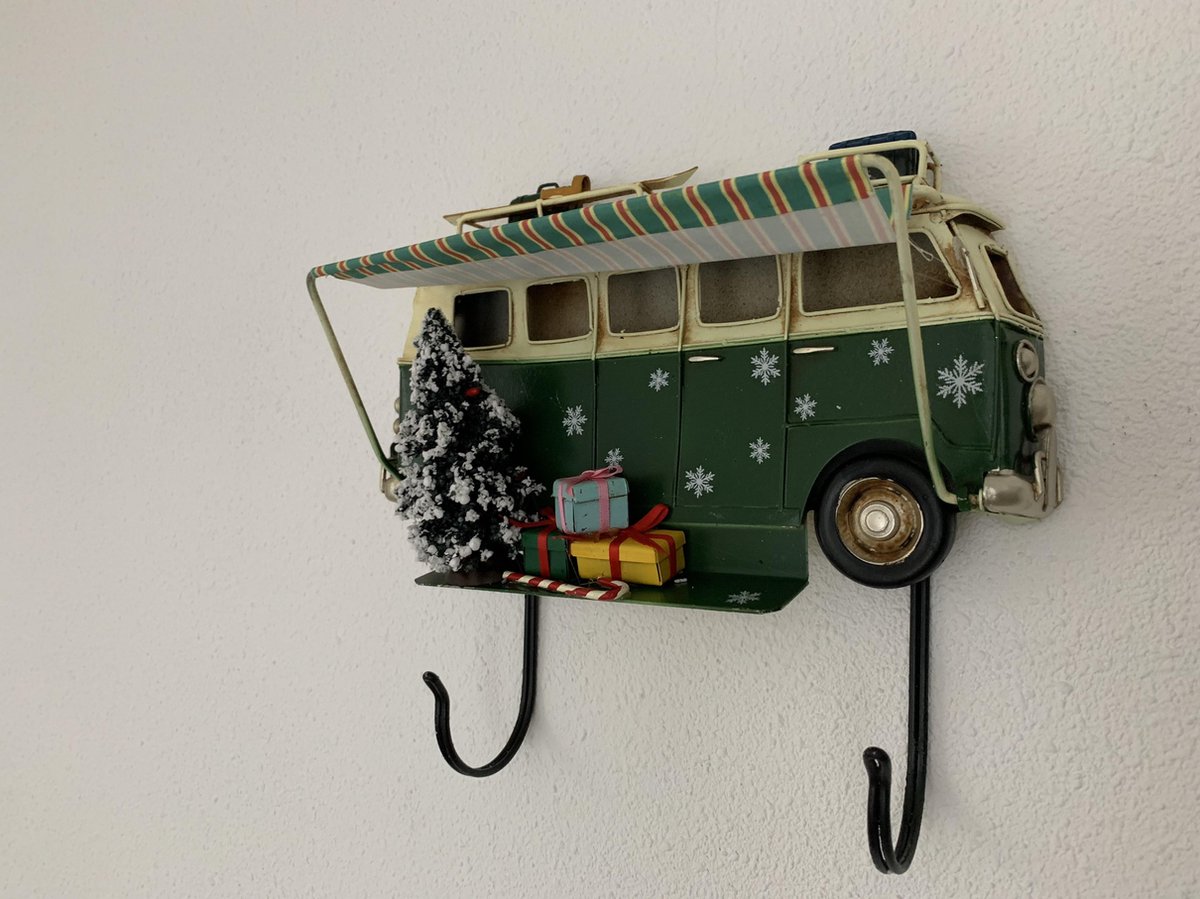 Retro Bus met luifel kerst metalen wandbord met 2 haken Groen