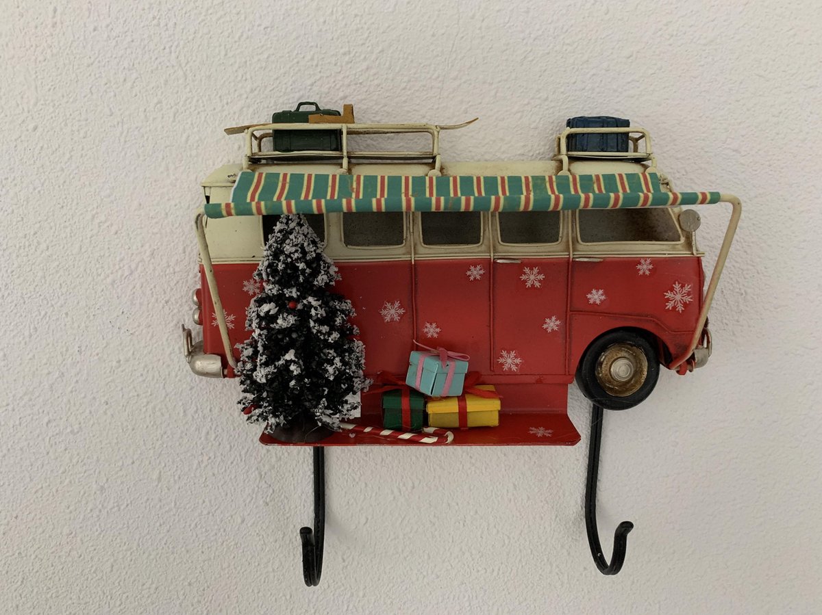 Retroo Retro Bus met luifel kerst metalen wandbord met 2 haken Rood