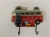 Retro Bus met luifel kerst metalen wandbord met 2 haken Rood