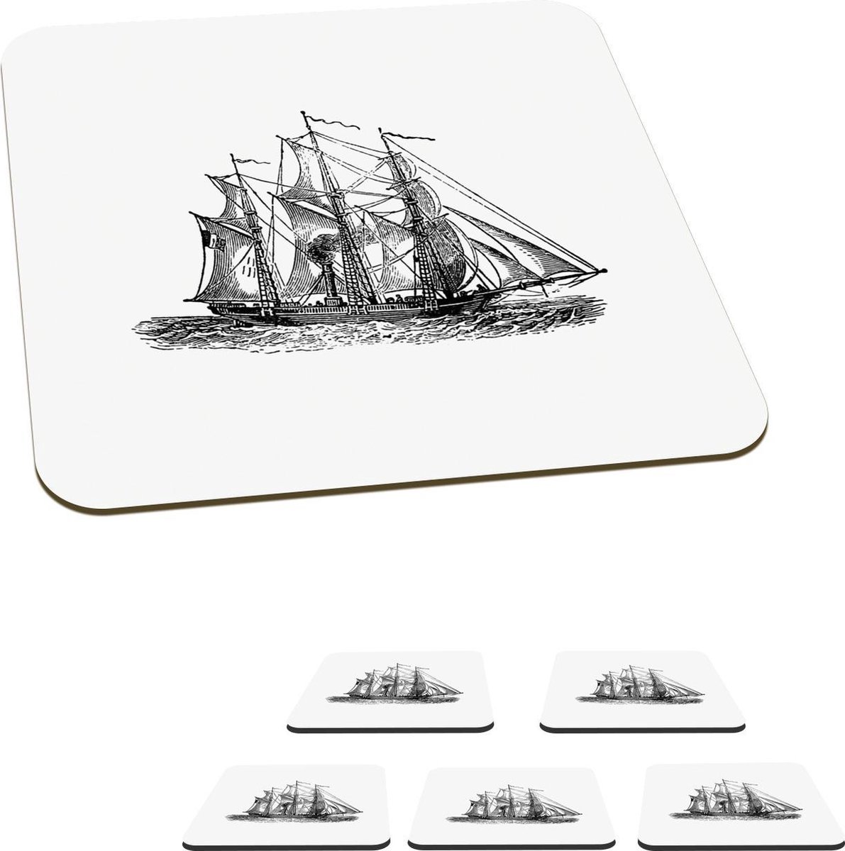 Onderzetters voor glazen - Vintage - Boot - Schip - 10x10 cm - Glasonderzetters - 6 stuks