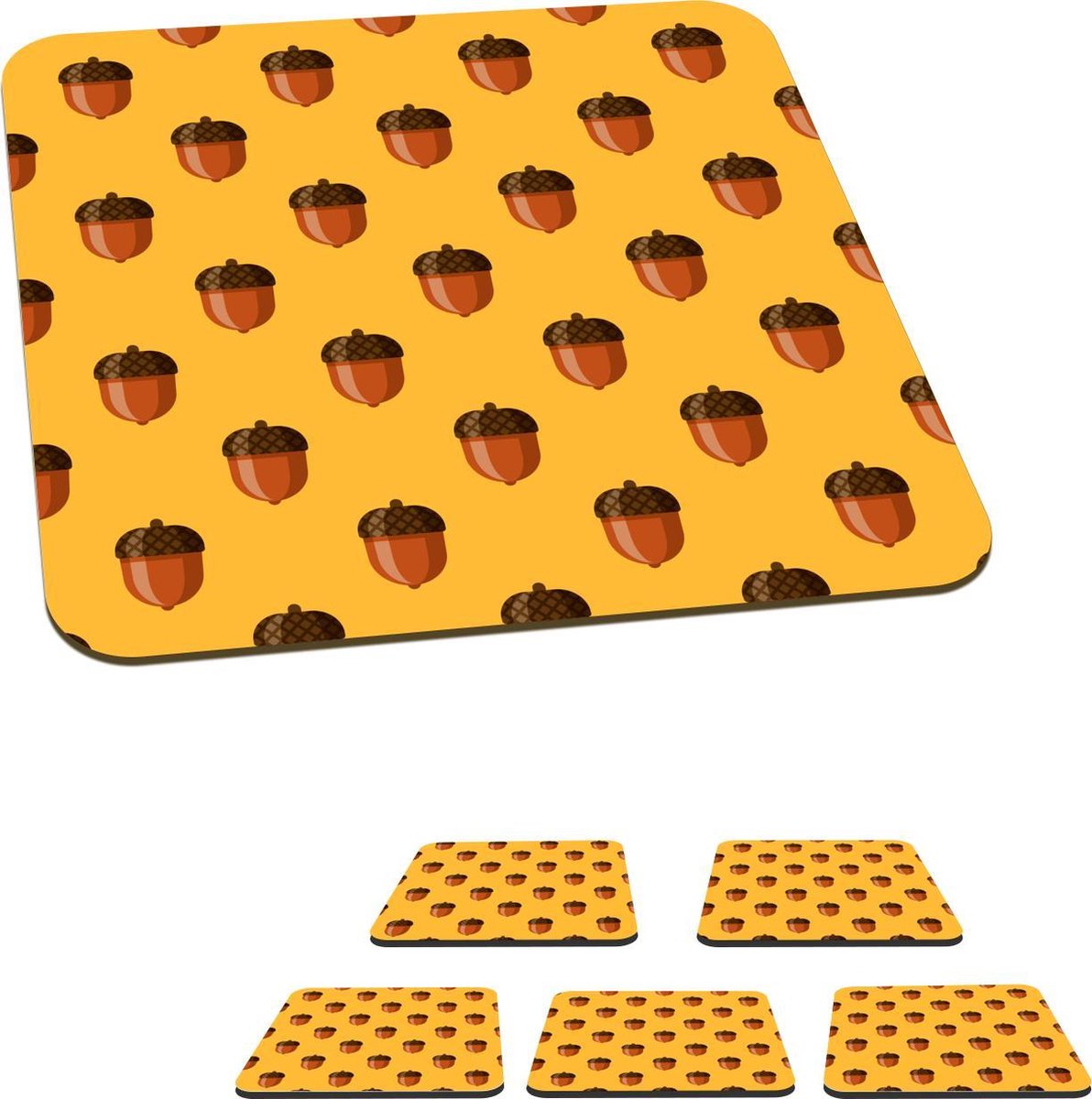 Onderzetters voor glazen - Patronen - Eikel - Herfst - Geel - 10x10 cm - Glasonderzetters - 6 stuks