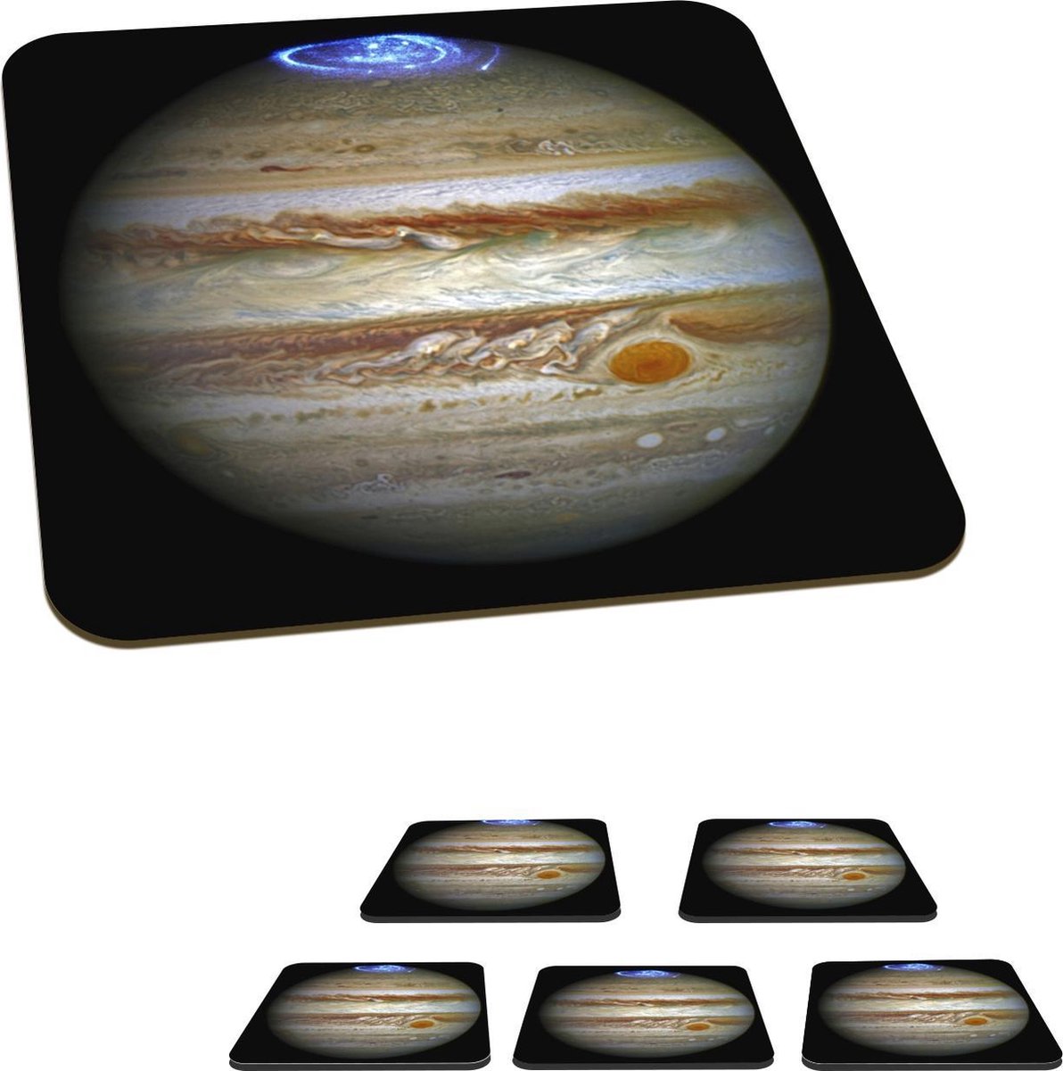 Onderzetters voor glazen - Jupiter - Noorderlicht - Heelal - 10x10 cm - Glasonderzetters - 6 stuks