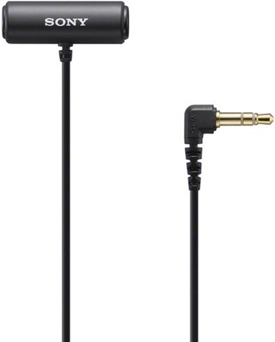 Zwarte Sony lavalier microfoon met kabel en haakse 3.5mm jackplug.