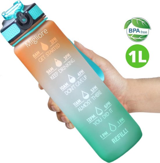 Migliore Waterfles 1 Liter - Met Rietje - Motivatie - Bidon - 1 Liter - Sportdrankfles - Grote Waterfles - Tijdmarkering - Waterjug - Groen - Oranje
