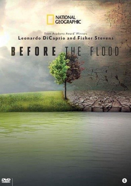 Affiche du film 'Before the Flood', montrant un arbre moitié vert, moitié brun, à côté d'eau et de terre sèche. Logo National Geographic.