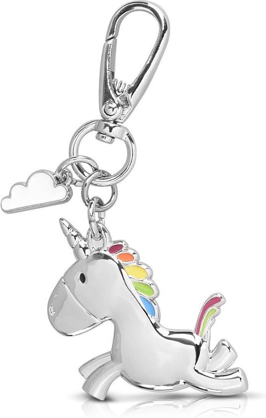 Porte- clés Navaris avec licorne volante - Porte- clés en métal avec licorne et nuage - Pour votre sac à main - Aux couleurs argent et arc-en-ciel