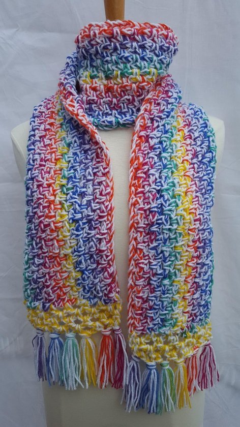 Écharpe longue faite main couleurs arc-en-ciel avec du blanc et des franges  | bol.com