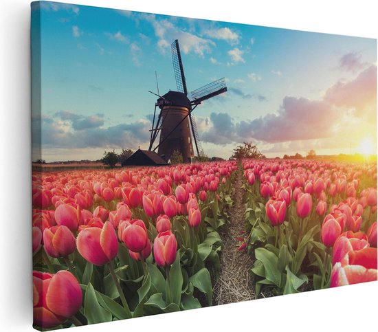 Artaza Canvas Schilderij Roze Tulpen Bloemenveld - Met Windmolen - 120x80 - Groot - Foto Op Canvas - Wanddecoratie Woonkamer